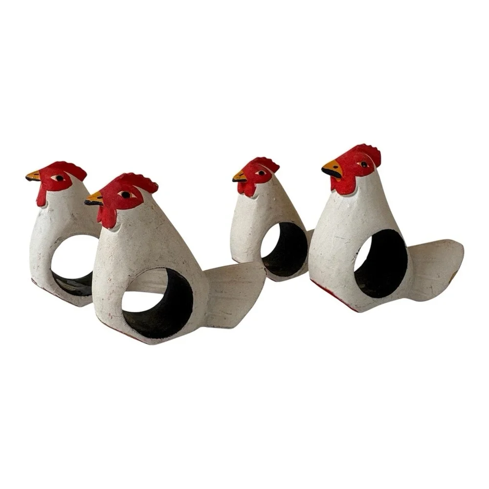 Vintage Wood Rooster Napkin Rings Set of 4 Philippines Chicken Hen Farmhouse